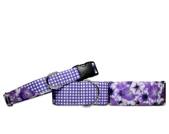 Pretty Purple Petunias with Gingham Accent Fabric CANVAS Dog Collar (Martingale, Buckle, or Tag)