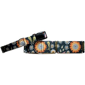 Bold Fall Floral on Dark Olive Background CANVAS Dog Collar (Martingale, Buckle, or Tag)