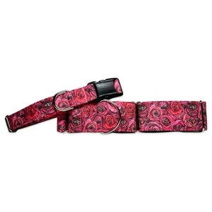 May include: A pink and red floral dog collar with a black buckle and silver D-ring.