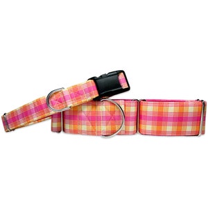 Pink Lemonade Plaid CANVAS Dog Collar (Martingale, Buckle or Tag)