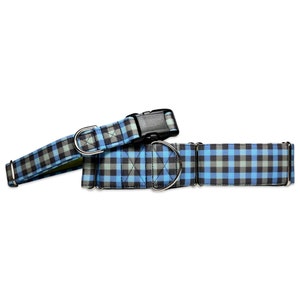 Prairie Sky blue and sage Buffalo Plaid CANVAS Dog Collar Martingale, Buckle, or Tag image 1