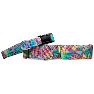May include: A multi-colored plaid dog collar with a silver D-ring and a black buckle. The collar is made of fabric and has a patchwork design.