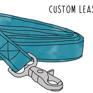 May include: A teal blue dog leash with a silver clip. CUSTOM LEASH is written in black text at the top of the image.