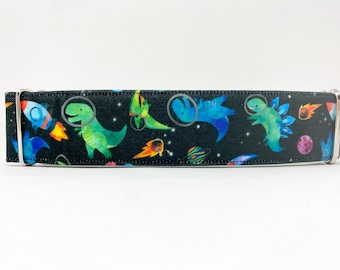 Dino-nauts with Stars ACCENT FABRIC CANVAS Dog Collar (Martingale, Buckle or Tag)