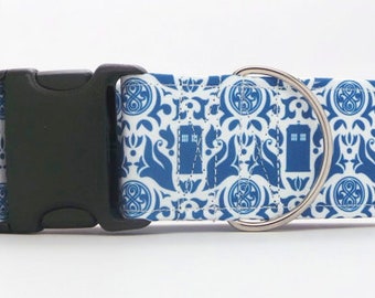 Who Damask WHITE CANVAS Dog Collar (Martingale, Buckle, or Tag)