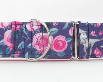 Welcome To Jurassic Garden PURPLE with Jurassic Roses Accent Fabric CANVAS Pet Collar (Martingale, Buckle, or Tag)