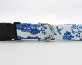 Blue and White Porcelain CANVAS Dog Collar (Martingale, Buckle or Tag)