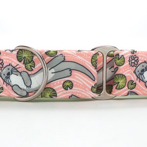 Otters and Water Lilies PINK CANVAS Dog Collar (Martingale, Buckle, or Tag)