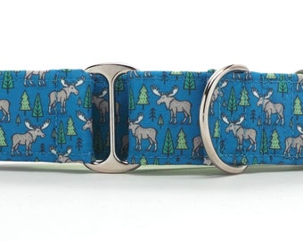 May include: A blue dog collar with a pattern of moose and pine trees. The collar has silver hardware.
