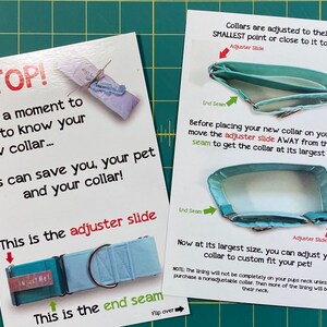 May include: A close-up of a light blue dog collar with a silver buckle. The collar has a white label that says "Lost Me!" and an adjustable slide. The image shows how to adjust the collar to fit your pet. The text says "STOP! Take a moment to get to know your new collar... This can save you, your pet and your collar! This is the adjuster slide. This is the end seam."