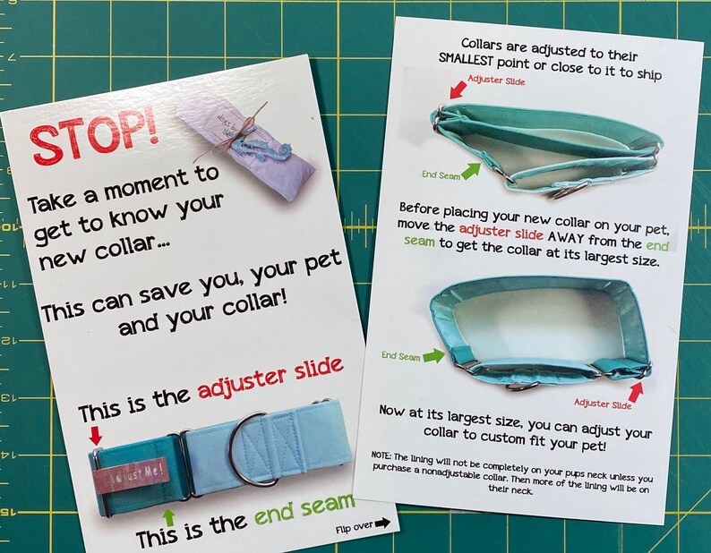May include: A close-up of a light blue dog collar with a silver buckle. The collar has a white label that says "Lost Me!" and an adjustable slide. The image shows how to adjust the collar to fit your pet. The text says "STOP! Take a moment to get to know your new collar... This can save you, your pet and your collar! This is the adjuster slide. This is the end seam."