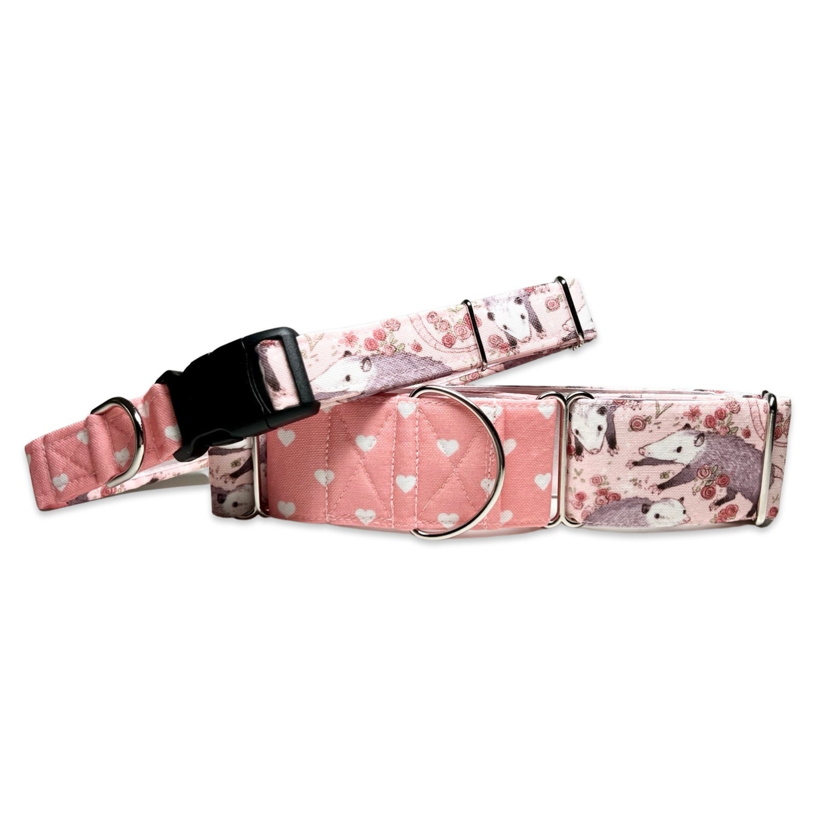 Lovely Opossum with Coral Swiss Hearts CANVAS Dog Collar (Martingale, Buckle or Tag)