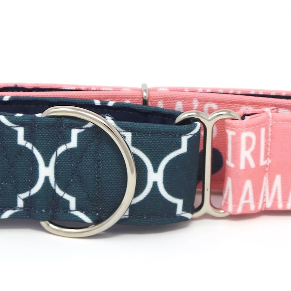 Mama's Girl PINK and NAVY Quatrefoil CANVAS Dog Collar (Martingale, Buckle or Tag)