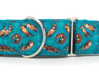 Otter Family TEAL CANVAS Dog Collar (Martingale, Buckle, or Tag)