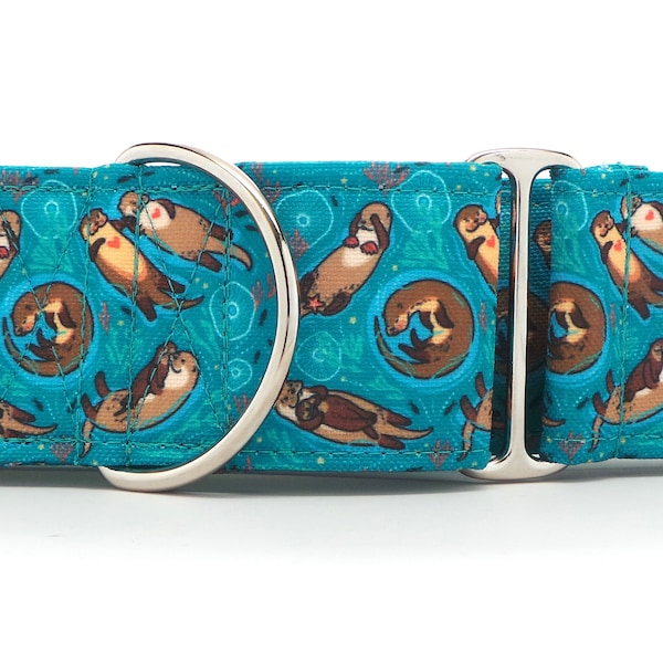 Otter Family TEAL CANVAS Dog Collar (Martingale, Buckle, or Tag)