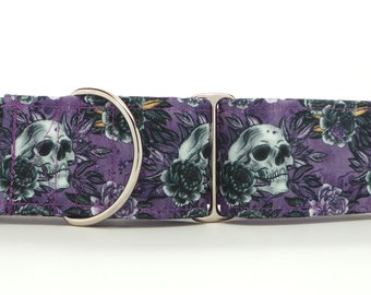 Midnight Skulls and Peonies on Purple CANVAS Dog Collar (Martingale, Buckle, or Tag)