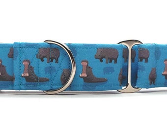 Blue Hippo CANVAS Dog Collar (Martingale, Buckle or Tag)