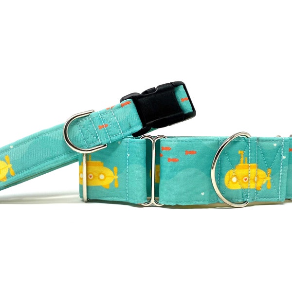 Yellow Underwater Fun CANVAS Dog Collar (Martingale, Buckle, or Tag)