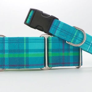 Turquoise Plaid CANVAS Dog Collar (Martingale, Buckle or Tag)
