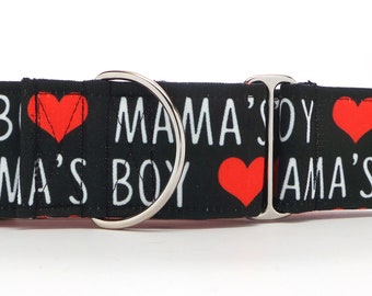 Mama's Boy Black and Red CANVAS Dog Collar (Martingale, Buckle, or Tag)