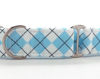 Light Blue Argyle CANVAS Dog Collar (Martingale, Buckle, or Tag)