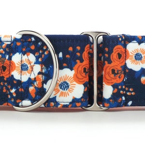 Go Team! Navy and Orange Mod Floral CANVAS Dog Collar (Martingale, Buckle, or Tag)