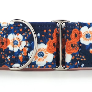 Go Team! Navy and Orange Mod Floral CANVAS Dog Collar (Martingale, Buckle, or Tag)