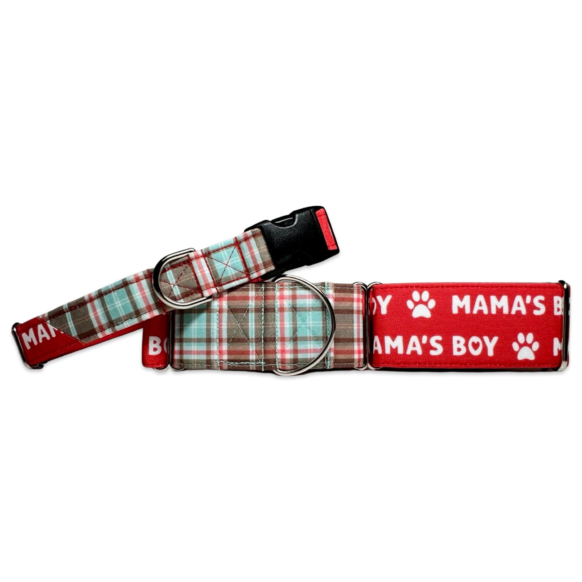 Mama's Boy Red with Plaid Accent CANVAS Dog Collar (Martingale, Buckle, or Tag)