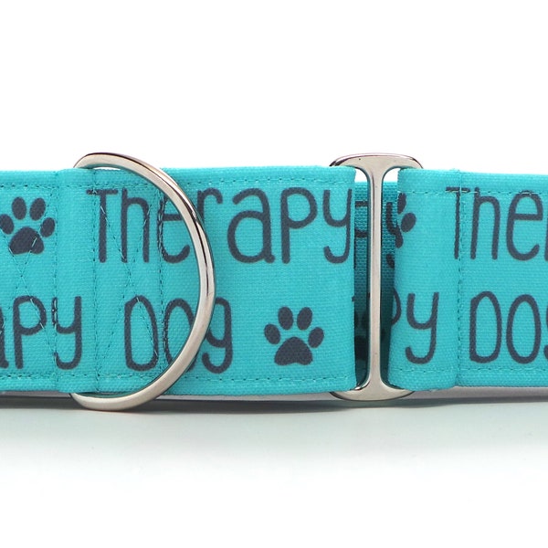 Therapy Dog TURQUOISE CANVAS Dog Collar (Martingale, Buckle, or Tag)