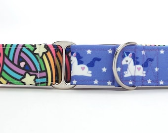 Rainbows and Unicorns, Oh My! with Rainbow Accent fabric CANVAS Dog Collar (Martingale, Buckle or Tag)