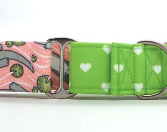 Otters and Water Lilies with Lime Swiss Heart Accent Fabric CANVAS Pet Collar (Martingale, Buckle, or Tag)