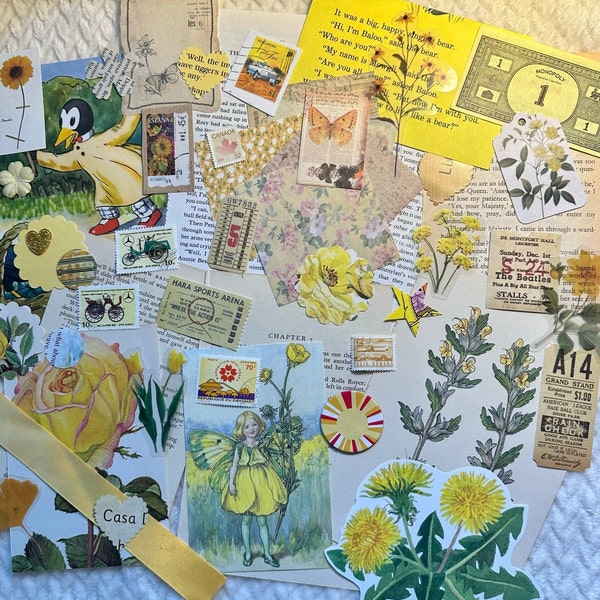 Paper Ephemera Journaling Pack Yellow Theme Vintage Mix Junk Journal Kit Stationery Supplies Stickers Paper Scrap Book Scrapbook Collage