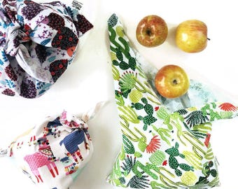 Bento Bag Bundle: Small, Medium & Large. Cloth bags with tie closure. Printed tare weight for bulk grocery shopping!