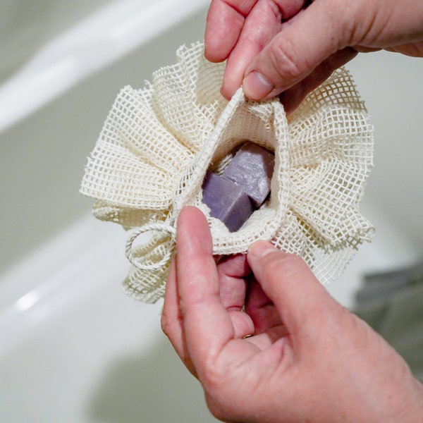 Soap Saver Pouf: Organic Cotton - Plastic Free Shower Pouf with Inner Soap Saver