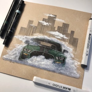 ORIGINAL Artwork - Green Muscle Car Wall Art - Car Drawing - Automotive Decor