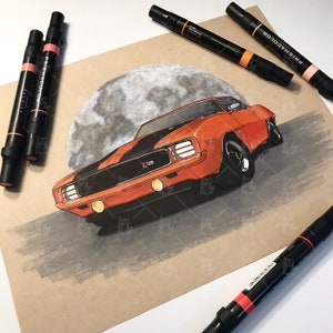 ORIGINAL Artwork - Orange Muscle Car Wall Art - Car Drawing - Automotive Decor