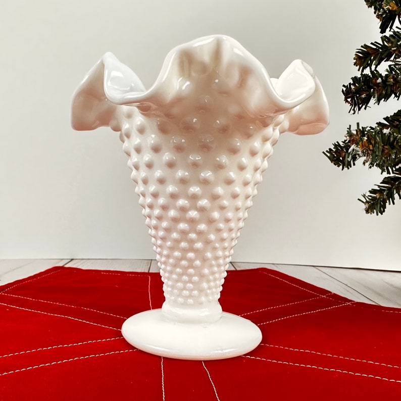 Fenton Style Hobnail White Milk Glass Vase Vintage Crimped Etsy