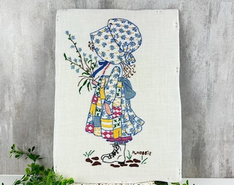 Vintage Holly Hobbie Embroidery Ready to Frame, 1970s Memoribilia Bedroom Decor