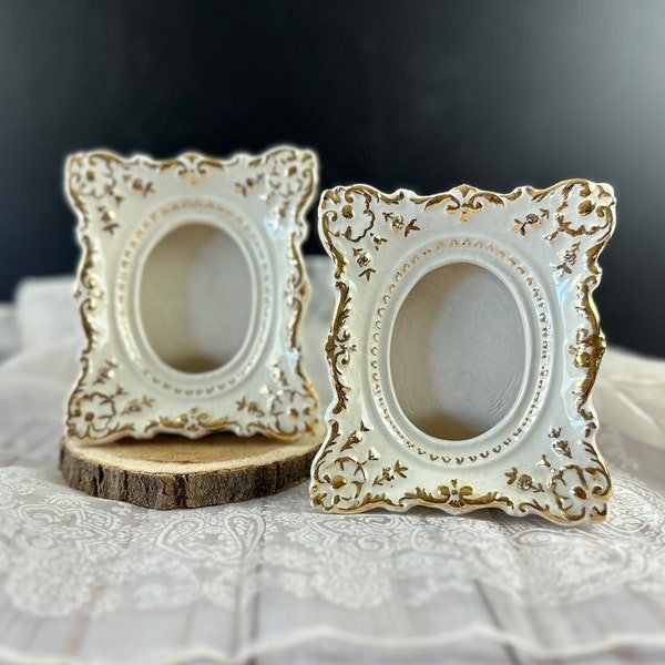 Elegant Porcelain Picture Frames, Vintage set Gold Trimmed Frames, 1930's Cottage Decor