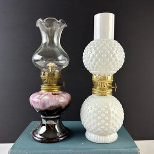Vintage Choice Small Oil Lamps, Small White Hobnail Glass or Marbled Ceramic Based Lamp, Valentine Gifts for Friend, Rustic Farmhouse Decor