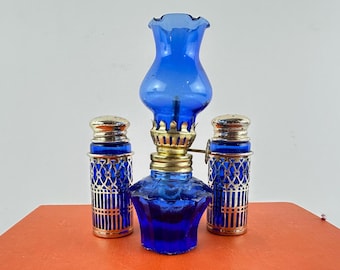 Blue Cobalt Glass Salt & Pepper Set with Miniature Oil Lamp: Silver Filigree Kitchen Decor