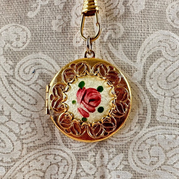 Vintage Rose Locket, Guilloche Gold Locket, Perfe… - image 1