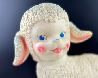 * antique sheep ❀ クリスマスの羊さん (水色リボンと鈴♪) Vintage Large 1960's Squeaky Lamb Toy, Very Cute 10