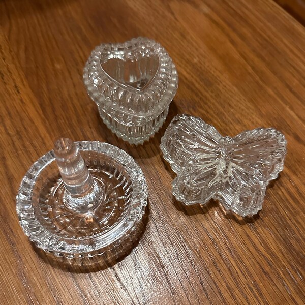 Vintage Crystal Ring Box, Glass Ring Holder, Lead Crystal Butterfly Cut Glass Dish