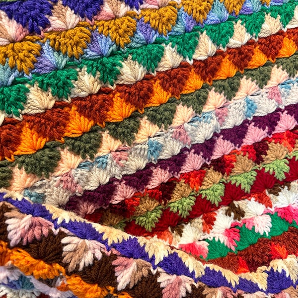Vintage Crocheted Blanket, Colorful Crocheted Pattern, 1970s Afghan, Midcentury Decor, Handmade Gift