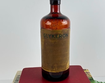 Vintage Glykeron Apothecary Bottle • Amber Pharmacy Bottle • 1930s Drugstore Advertising • Antique Medical Decor • Dark Academia