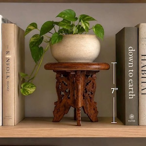 Vintage Ornate Hand-Carved Wooden Stool, Plant Stand or Pedestal Riser – 7” Tall, Made in India, Boho Decor