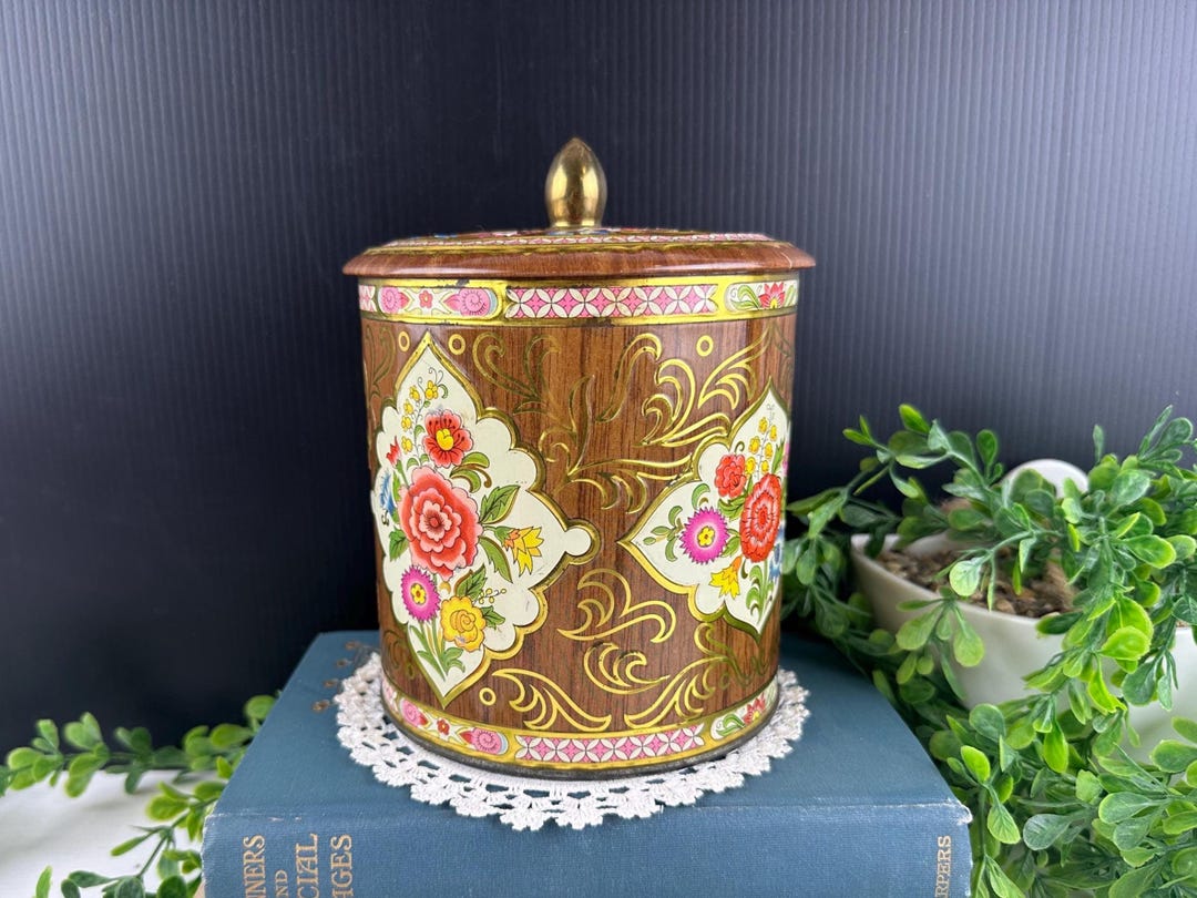 Vintage Decorative Tin, Brown Metal Floral Can With Handle, Vintage ...