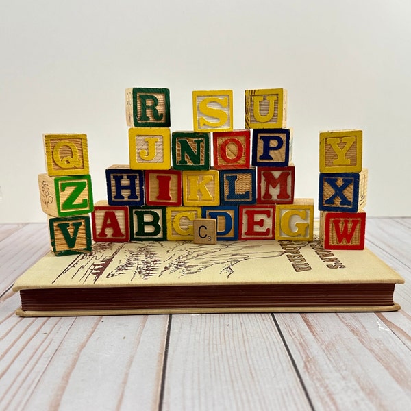 Vintage Wooden Blocks, Rustic Wood Letters, Old Children's Learning Games