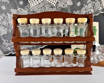 Vintage Wooden Shelf with Spice Jars, Spice Rack and Bottles